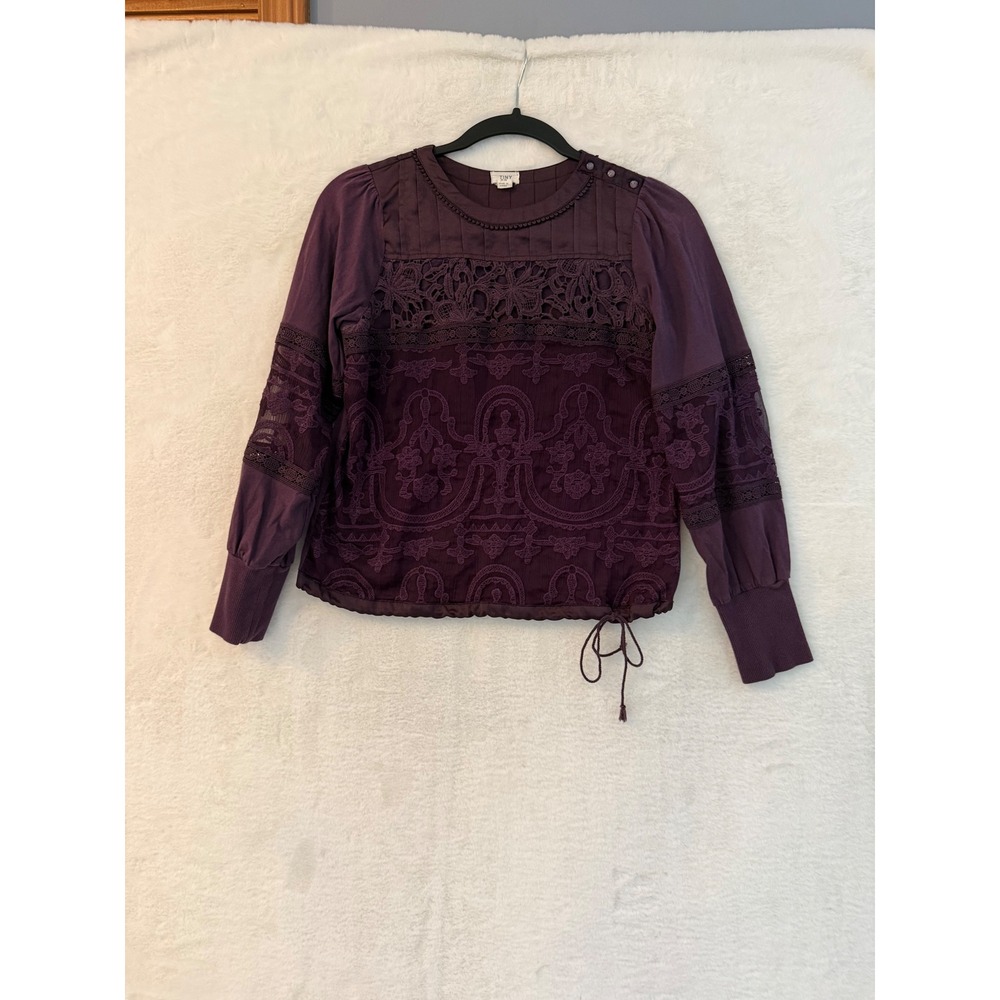 Anthropologie Tiny Women XS Plum Purple Lace Pintuck Long Sleeve Blouse Top